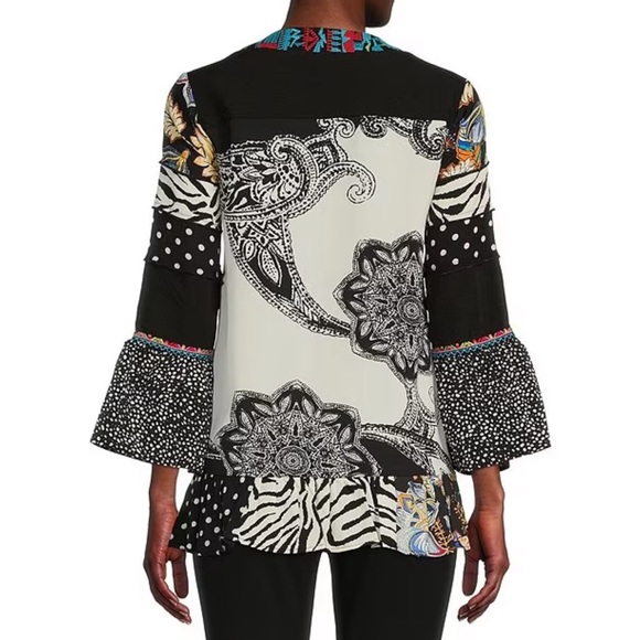 Calessa Embroidered Multi Print Split Round Neck 3/4 Bell Sleeve Woven Tunic. - Picture 2 of 11